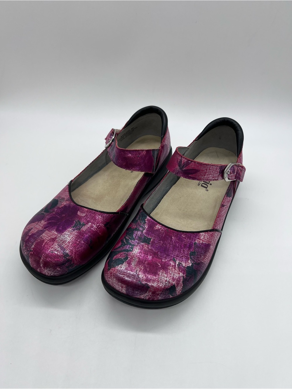 Alegria Women's Magenta Floral Mary Jane Leather Comfort Shoes with Buckle Strap